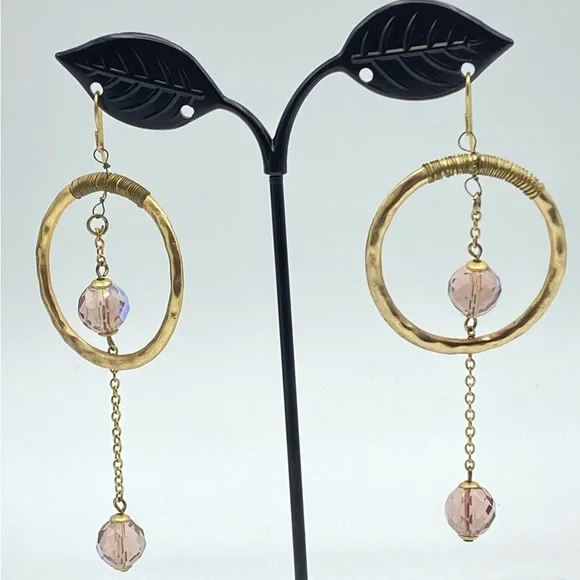 Hammered Gold Tone Hoop Earrings AB Pink Crystal Drop Bohemian Chic Boho Dangle - Picture 2 of 7